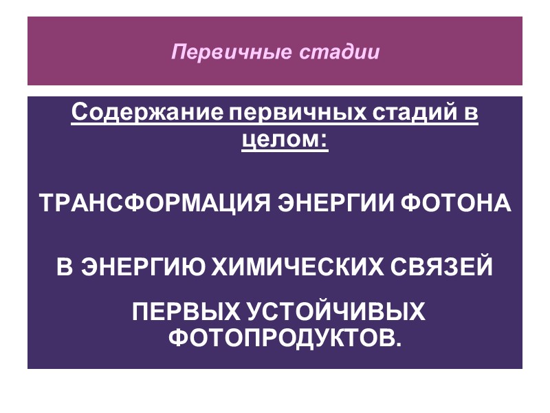 Первичные стадии Содержание первичных стадий в целом:  ТРАНСФОРМАЦИЯ ЭНЕРГИИ ФОТОНА   В